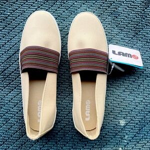 Lamo Cream and Red Flats with Elastic Straps